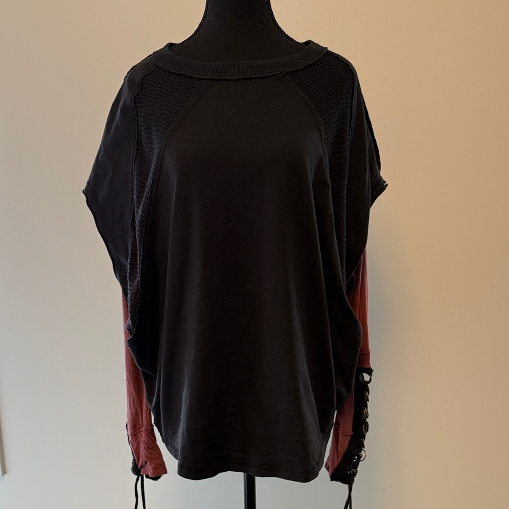 Free People Layered Look Black Top with Burgundy Sleeves xs
